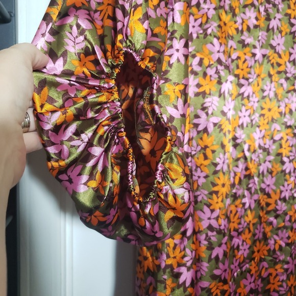 Ivy Jane Uncle Frank Satin Floral V Neck Dress Small Retro 70s Balloon Sleeve - Picture 3 of 9